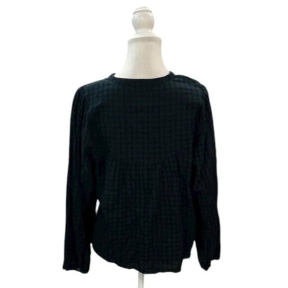 Madewell Green and Navy Plaid Balloon-Sleeve Peasant Top Size XL - Picture 2 of 4